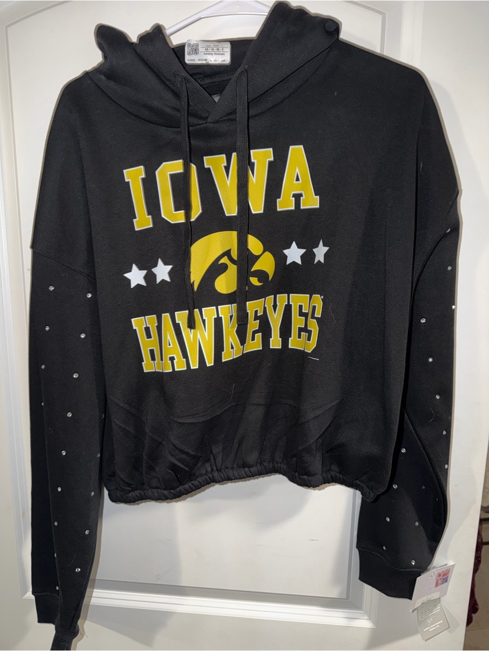 Iowa Hawkeyes Black Hoodie Sweater with Rhinestones and Yellow Logo